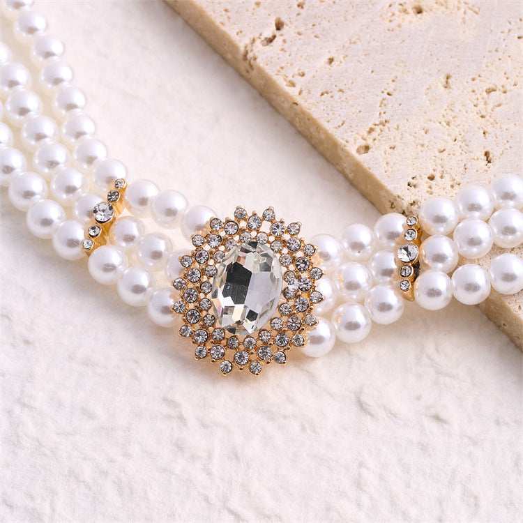 Wholesale Crystal Studded Diamond Multiple Row Choker Pearl Necklaces